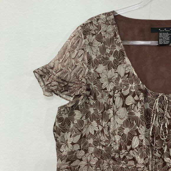 Vintage ECI New York Top size XL Brown Floral Feminine Pure Silk Baby-doll Y2K - Picture 4 of 9